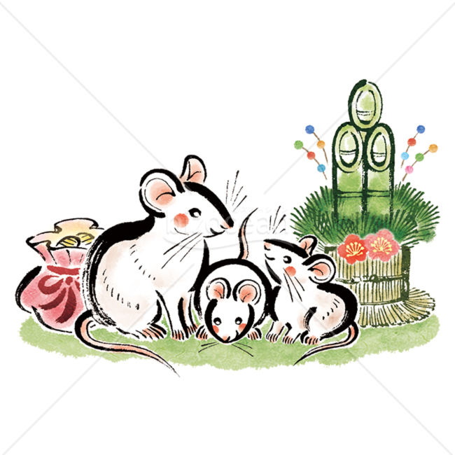 イラスト 筆で描かれた親子のネズミと門松の和風素材 Bizocean ビズオーシャン