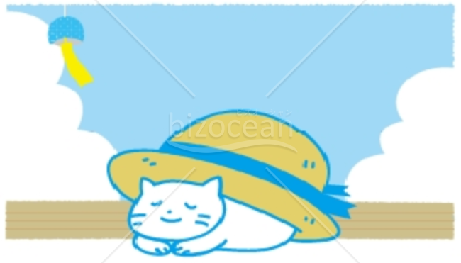 麦わら帽子をかぶった猫がほんわかする暑中見舞い画像素材｜bizocean