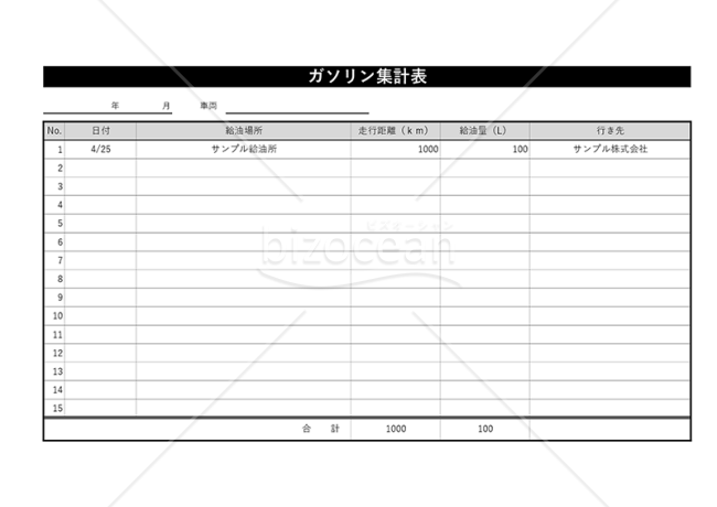 ガソリン集計表・横・Excel｜bizocean（ビズオーシャン）